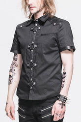 Black Locomotive Lapel Collar Short Sleeves Cotton Mens Punk Blouse